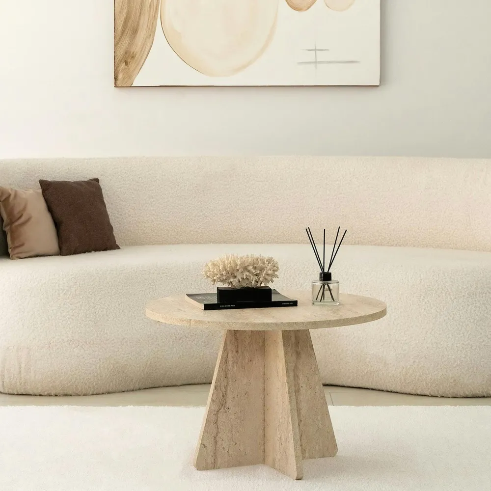 Tables Basses Rondes|MARFA Table basse ronde blanche & pieds forme trapèze