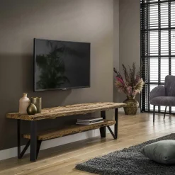 Tables Basses Scandinaves|Tables Basses Rondes|Swing Table basse ronde bois de teck recyclé métal noir grand modèle