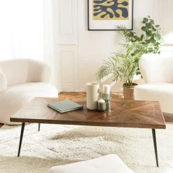 Tables Basses Rondes|KORKAI Table basse ronde bois recyclé motif éventail 80 cm