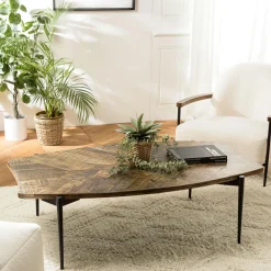 Tables Basses Rondes|KORKAI Table basse ronde bois recyclé motif éventail 80 cm