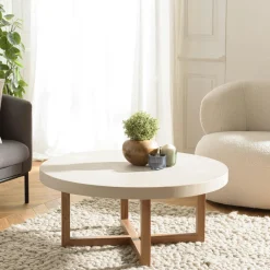 Tables Basses Rondes|DIKA Table basse ronde béton beige pieds bois croisés