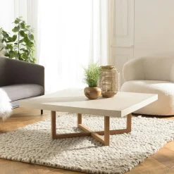Tables Basses Rondes|DIKA Table basse ronde béton beige pieds bois croisés