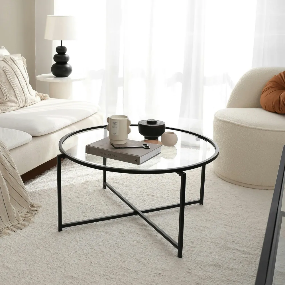 Tables Basses En Verre|Tables Basses Rondes|TULUM Table basse ronde design - verre & métal noir