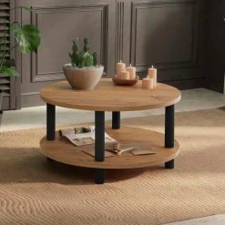 Tables Basses Rondes|MARFA Table basse ronde double plateau effet pin détail noir