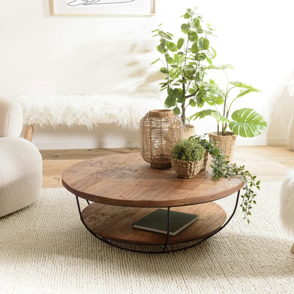 Tables Basses Scandinaves|Tables Basses Rondes|Swing Table basse ronde double plateaux en teck recyclé et métal noir D100xH35cm
