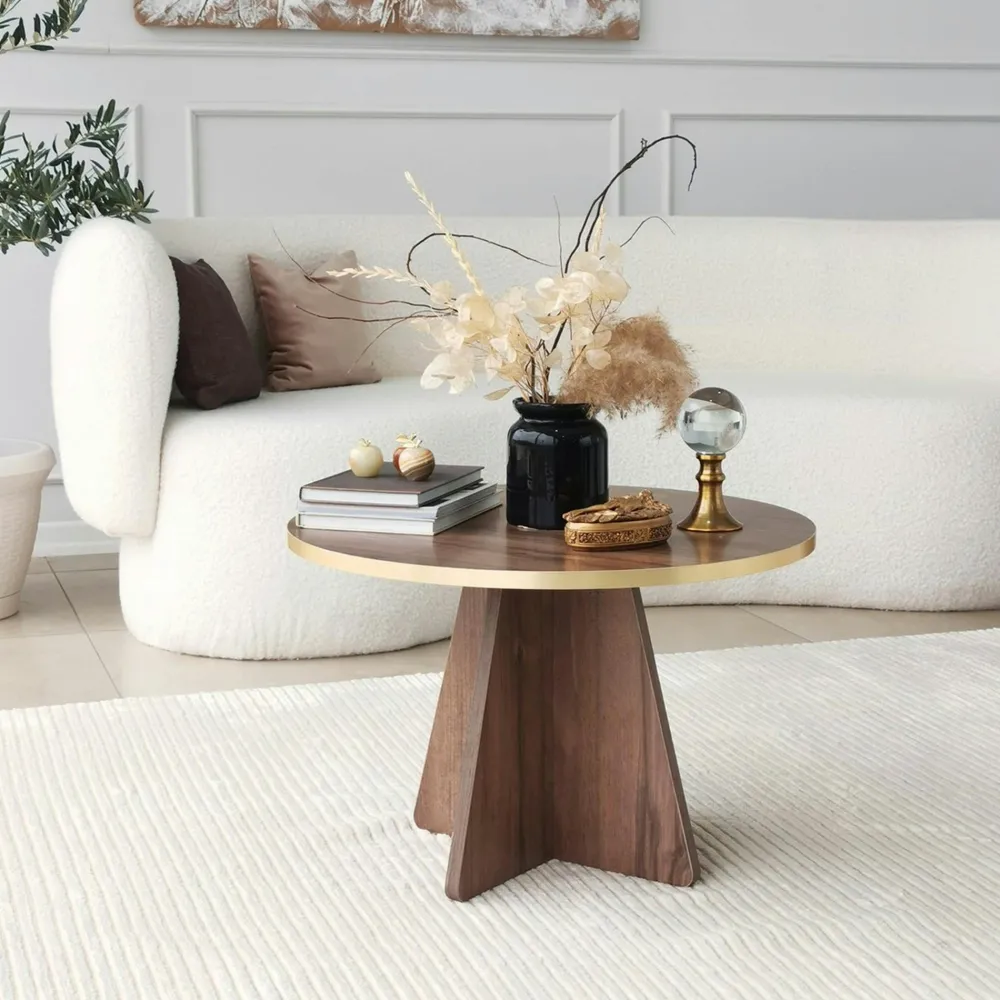 Tables Basses Rondes|MARFA Table basse ronde effet travertin & pieds trapèze