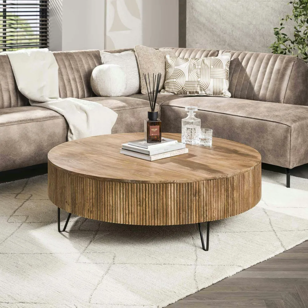 Tables Basses Rondes|CREEK Table basse ronde en bois de manguier strié Ø120 cm