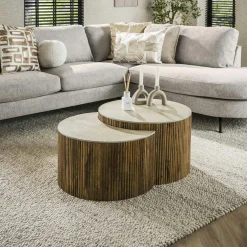 Tables Basses Gigognes|ASCOLI Table basse ronde en bois de manguier et céramique (lot de 2)