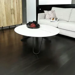 Tables Basses Rondes|LOMBARDIE Table basse ronde en céramique marbrée blanche