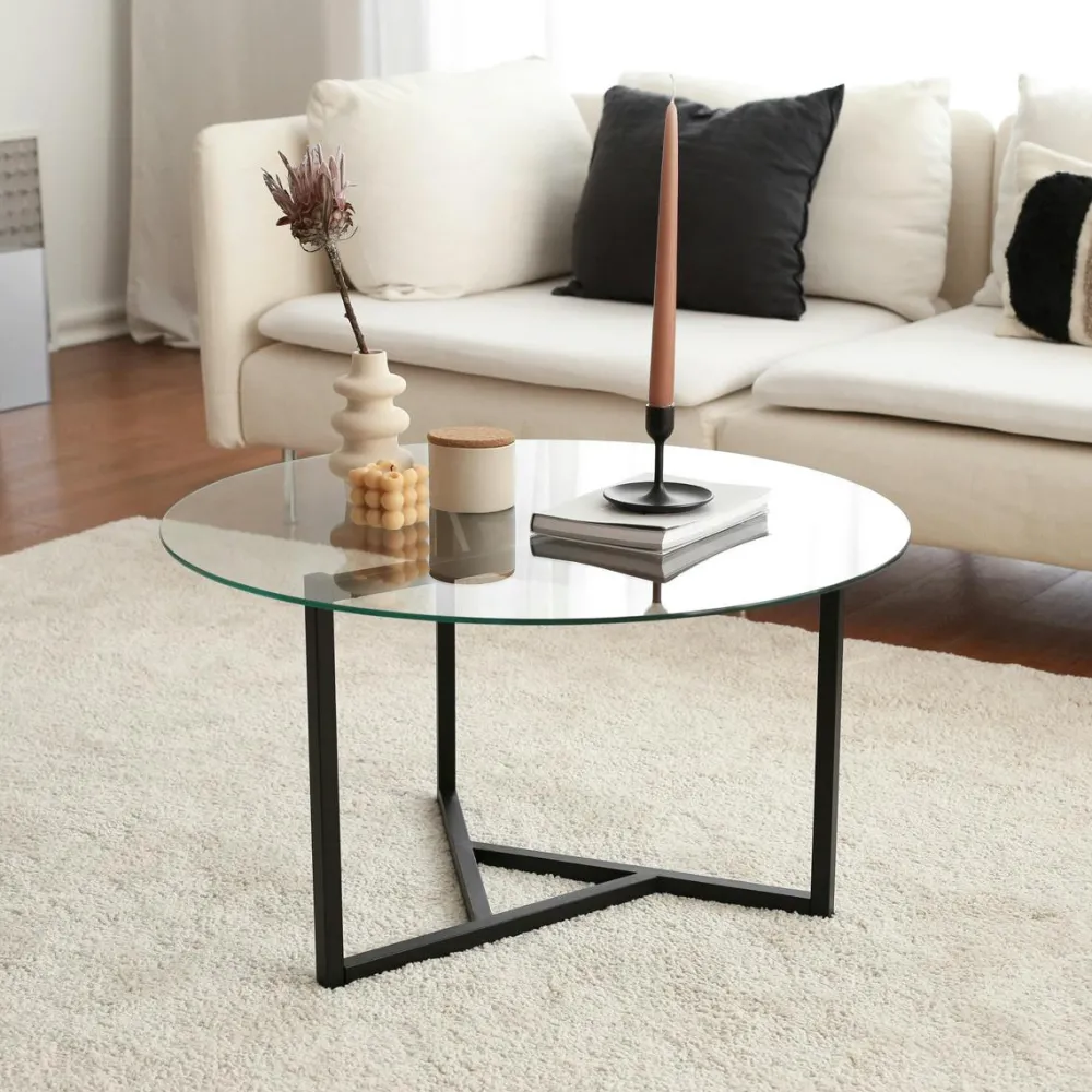 Tables Basses En Verre|Tables Basses Rondes|TULUM Table basse ronde en verre, pied noir 3 branches