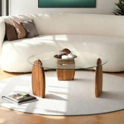 Tables Basses En Verre|Tables Basses Rondes|ANZIO Table basse ronde en verre - 3 pieds bois brun