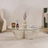 Tables Basses En Verre|Tables Basses Rondes|SALTA Table basse ronde en verre pied croisé effet travertin