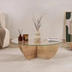 Tables Basses En Verre|Tables Basses Rondes|SALTA Table basse ronde en verre pied croisé effet travertin