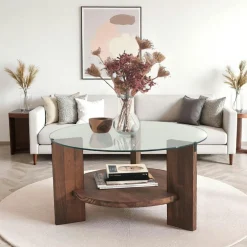 Tables Basses En Verre|Tables Basses Rondes|ANZIO Table basse ronde en verre et bois clair - 2 plateaux