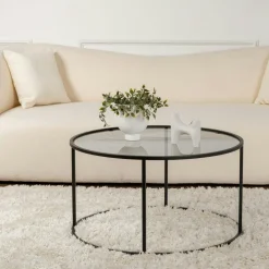 Tables Basses En Verre|Tables Basses Rondes|TULUM Table basse ronde en verre – cadre noir ⌀80 cm