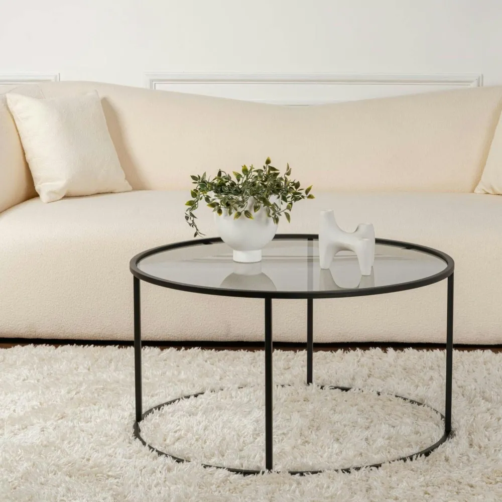 Tables Basses En Verre|Tables Basses Rondes|TULUM Table basse ronde en verre – cadre noir ⌀80 cm