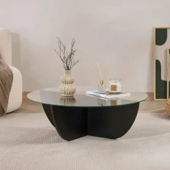 Tables Basses En Verre|Tables Basses Rondes|SALTA Table basse ronde en verre pied croisé effet bois noir