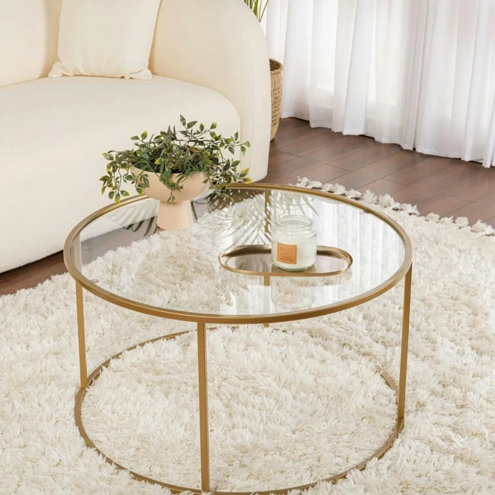 Tables Basses En Verre|Tables Basses Rondes|TULUM Table basse ronde en verre – cadre doré ⌀80 cm