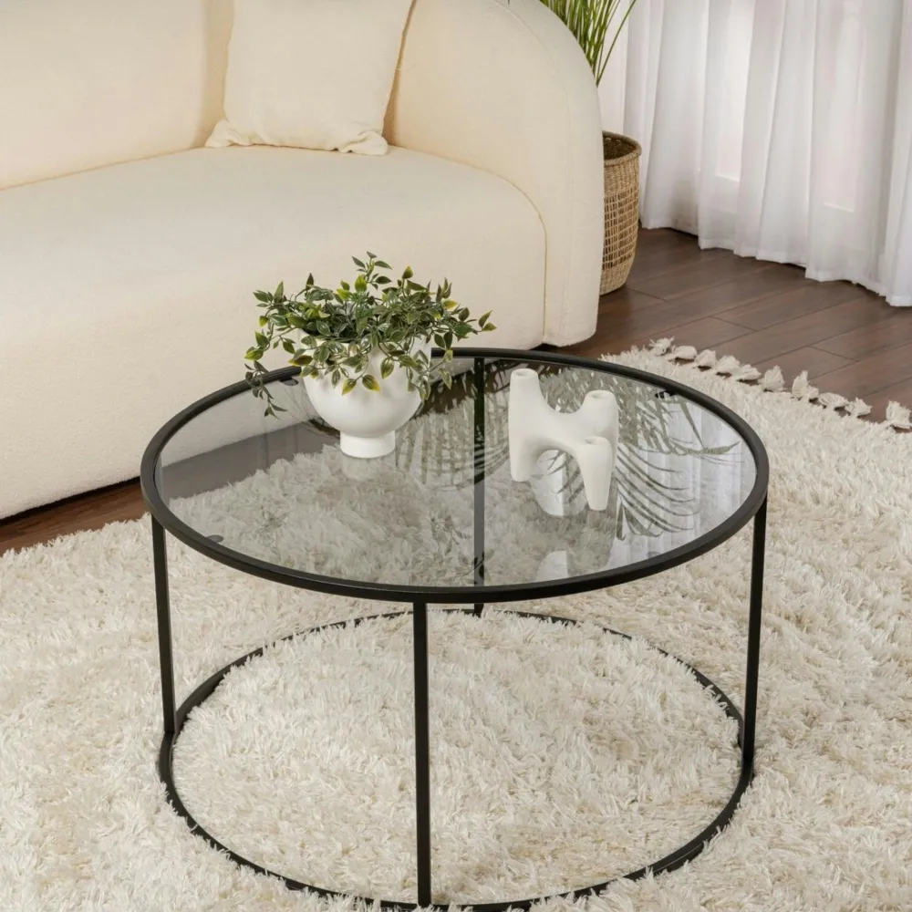Tables Basses En Verre|Tables Basses Rondes|TULUM Table basse ronde en verre – cadre doré ⌀80 cm