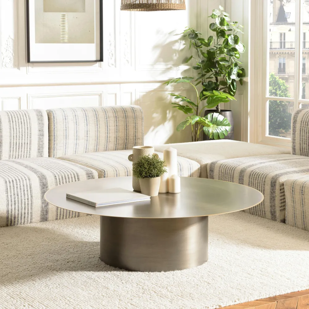 Tables Basses Rondes|ZALA Table basse ronde métal argenté bord doré D120 cm