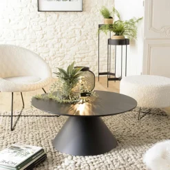 Univers Déco·Design Contemporain|Tables Basses Rondes|CORUMBA Table basse ronde pied cône bois et métal 78 cm