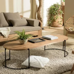 Tables Basses Rondes|Tables Basses Industrielles|Swing Table basse ronde plateau teck recyclé avec rebord 76,5 cm