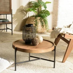 Tables Basses Rondes|Tables Basses Industrielles|Swing Table basse ronde plateau teck recyclé avec rebord 76,5 cm