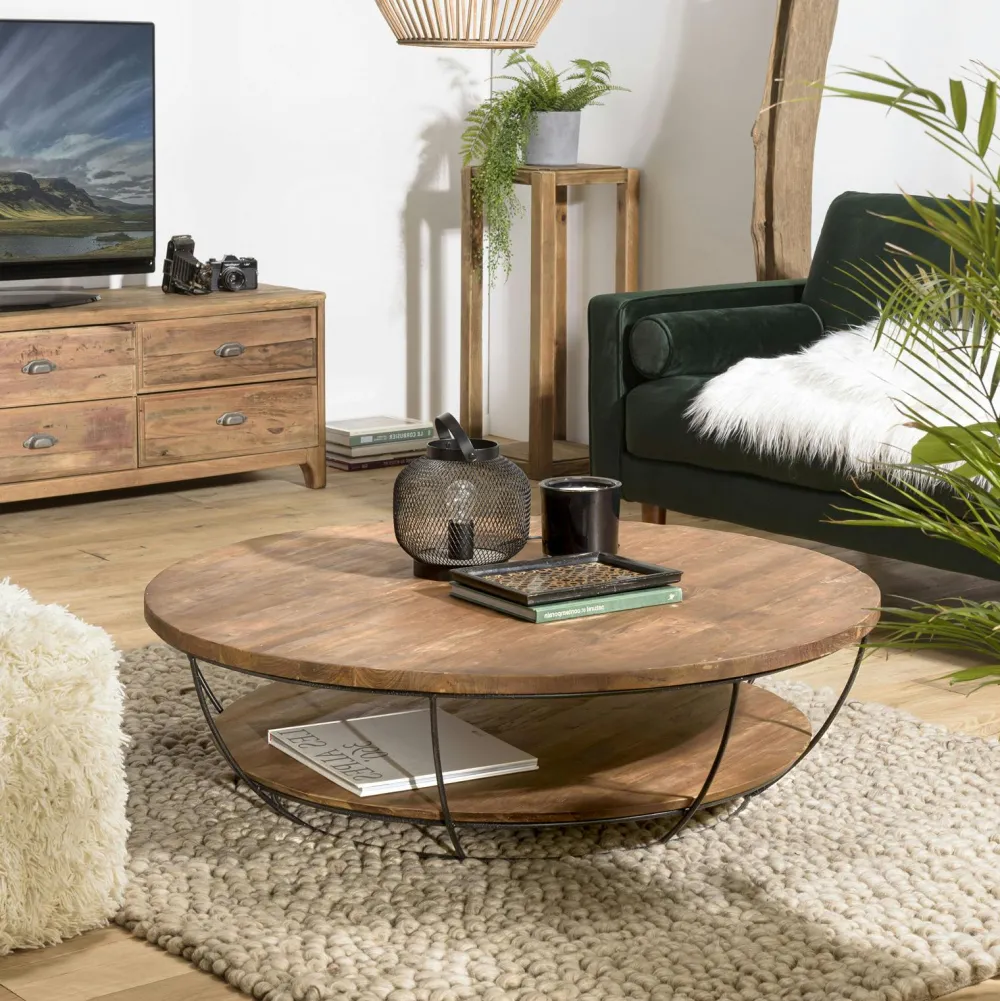 Tables Basses Scandinaves|Tables Basses Rondes|Swing Table basse ronde teck recyclé structure filaire blanche 2 plateaux