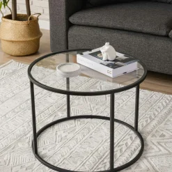 Tables Basses En Verre|Tables Basses Rondes|TULUM Table basse ronde verre ⌀60 cm - structure métal noir