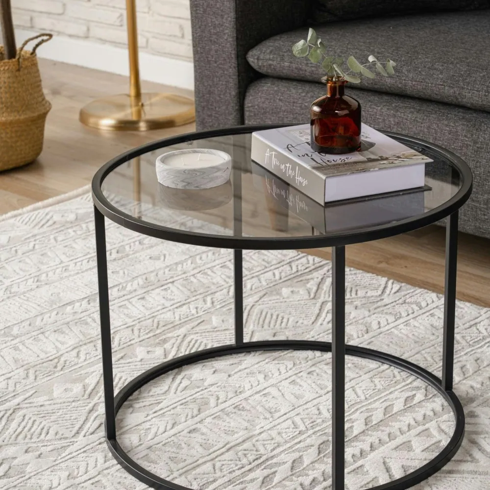 Tables Basses En Verre|Tables Basses Rondes|TULUM Table basse ronde verre ⌀60 cm - structure métal noir