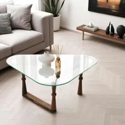 Tables Basses En Verre|BOMA Table basse verre - forme triangle, pied bois sculpté