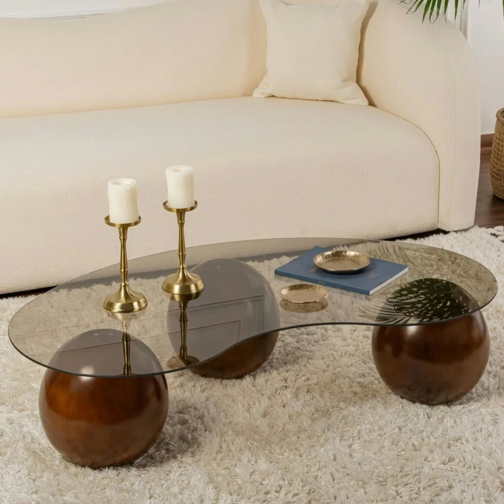 Tables Basses En Verre|KOCHI Table basse verre ambré design – 3 pieds boules marrons