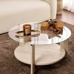Tables Basses En Verre|Tables Basses Rondes|SALTA Table basse verre double plateau - effet travertin