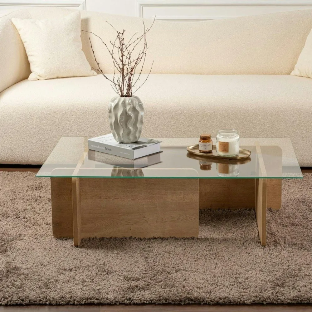 Tables Basses En Verre|SALTA Table basse verre déstructurée – base effet chêne clair