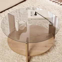 Tables Basses En Verre|Tables Basses Rondes|SALTA Table basse verre fumé double plateau - effet chêne