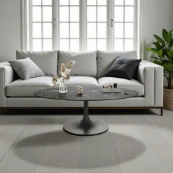 Tables Basses En Verre|LIGURIE Table basse verre ondulé noir ovale, pied tulipe