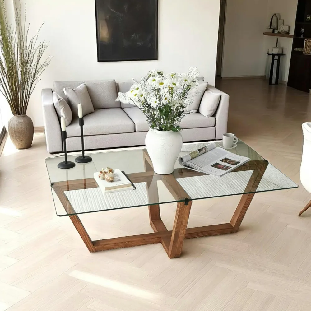 Tables Basses En Verre|LHASA Table basse verre trempé - pied croisé en bois gris foncé