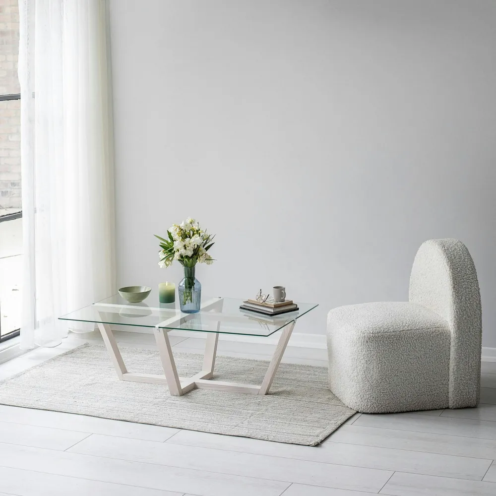 Tables Basses En Verre|LHASA Table basse verre trempé - pied croisé en bois gris foncé