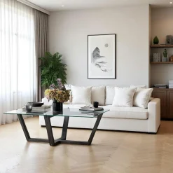 Tables Basses En Verre|LHASA Table basse verre trempé - pied croisé en bois brun