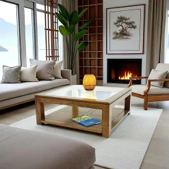 Tables Basses Carrées|Helena Table basse vitrée carrée hévéa 100cm