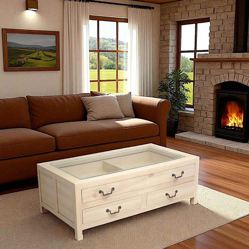 Tables Basses À Tiroirs|Maori Table basse vitrée Hévéa 3 tiroirs 120x65x40cm