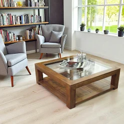 Tables Basses Carrées|Helena Table basse vitrée hévéa 80X80xm