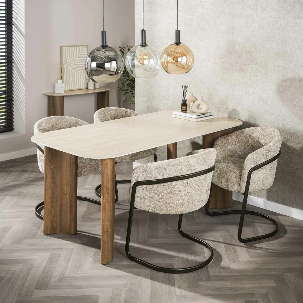 Tables À Manger Rectangulaires|Tables À Manger En Céramique|ASCOLI Table céramique effet travertin à bords ronds 180 cm