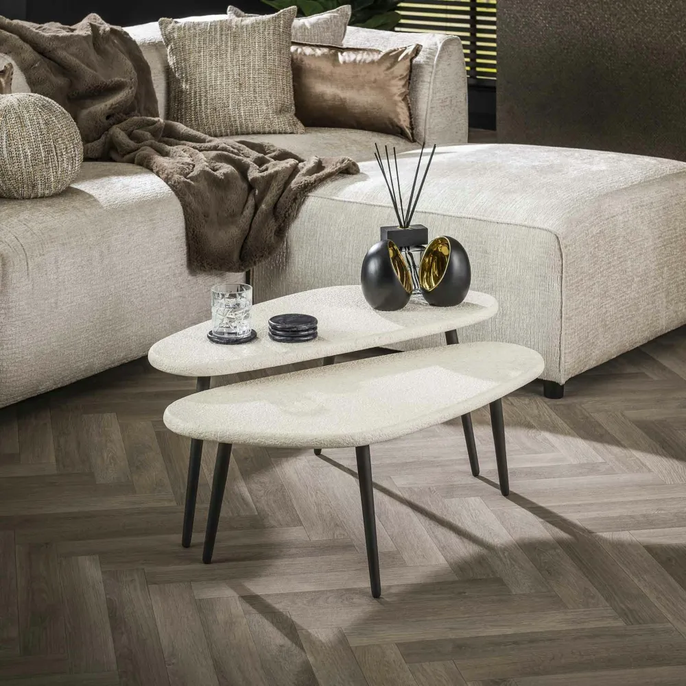 Tables Basses Design|Tables Basses Gigognes|TAJ Table d'appoint blanche en marbre composite forme galet (lot de 3)