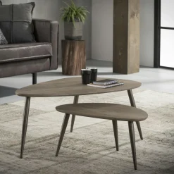 Tables Basses Gigognes|Helsinki Table d'appoint forme galet effet chêne grisé (2 pièces)