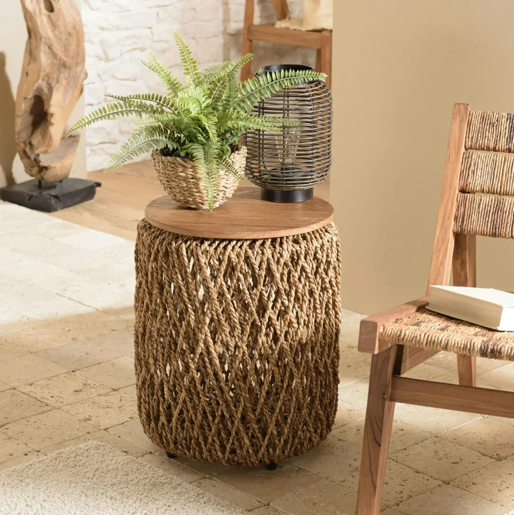 Bouts De Canapé En Bois|Swing Table d'appoint ronde 38 cm fibre de coco et bois recyclé