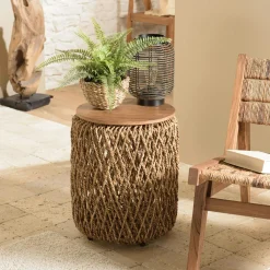 Bouts De Canapé En Bois|Swing Table d'appoint ronde 49 cm fibre de coco et bois recyclé