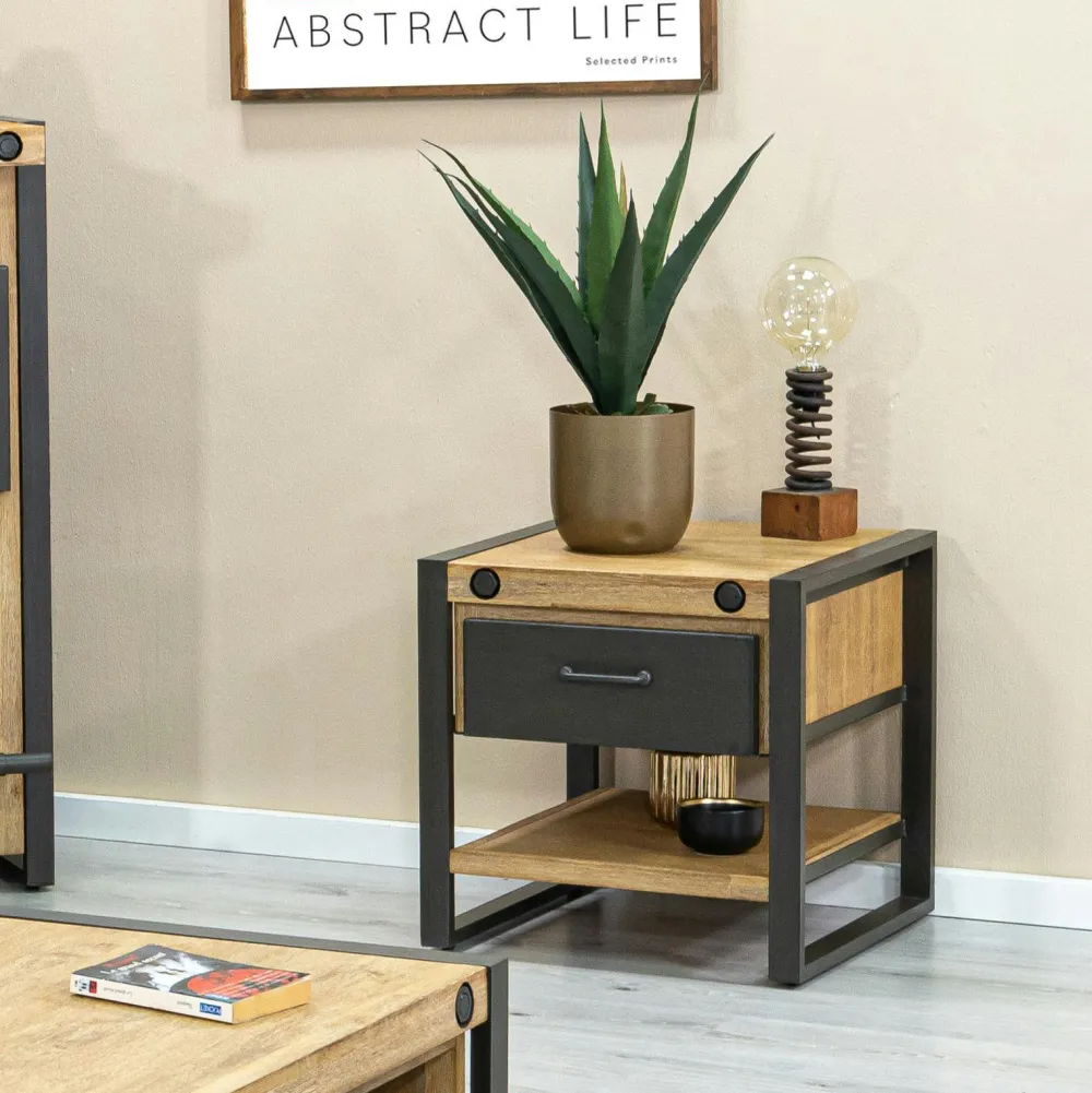 Tables De Chevet Industrielles|Brooklyn Table de chevet industrielle bois-métal 1 tiroir et 1 plateau bas
