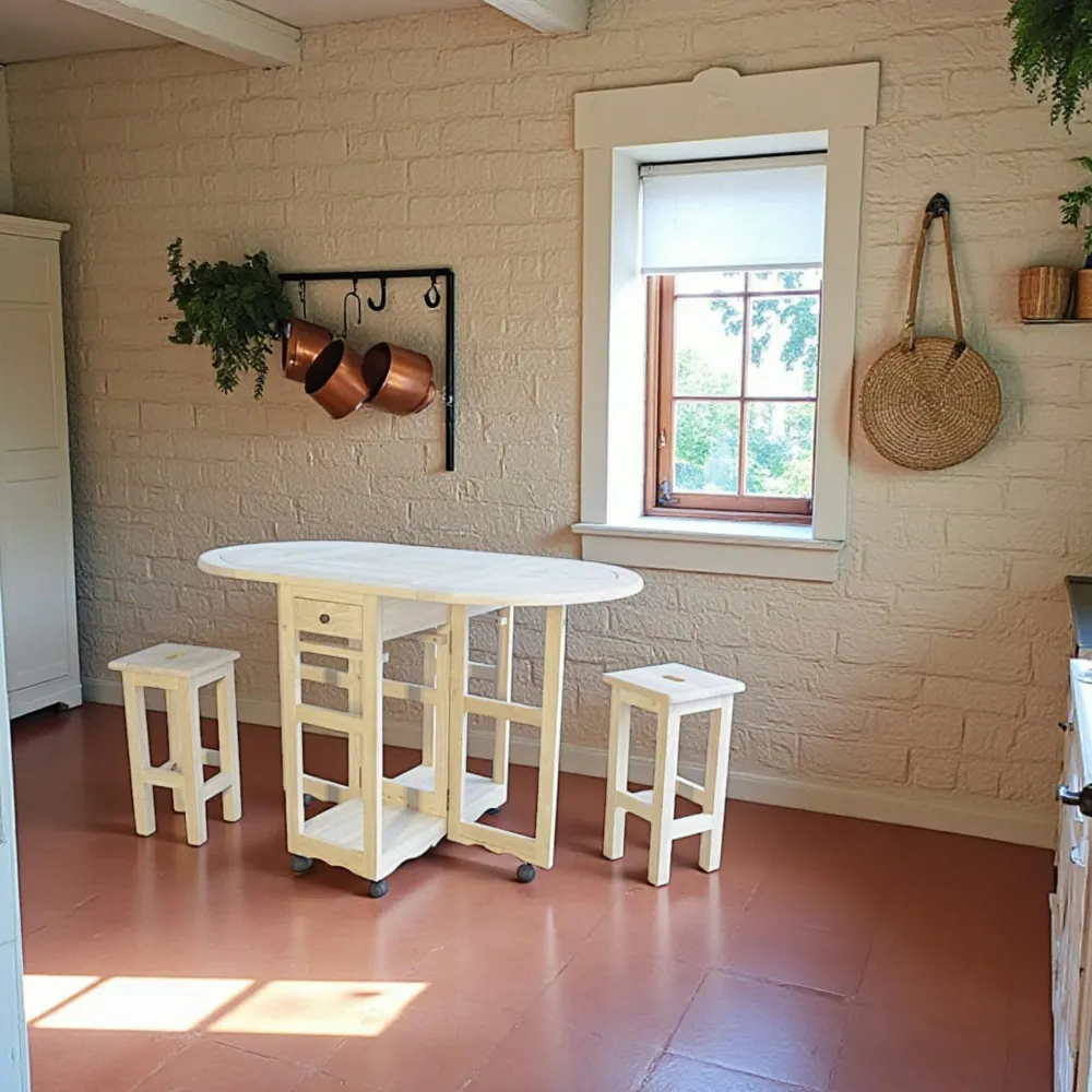 Meubles De Salle À Manger·Tabourets|Tradition Table de repas à roulettes Hévéa pliante + 2 tabourets