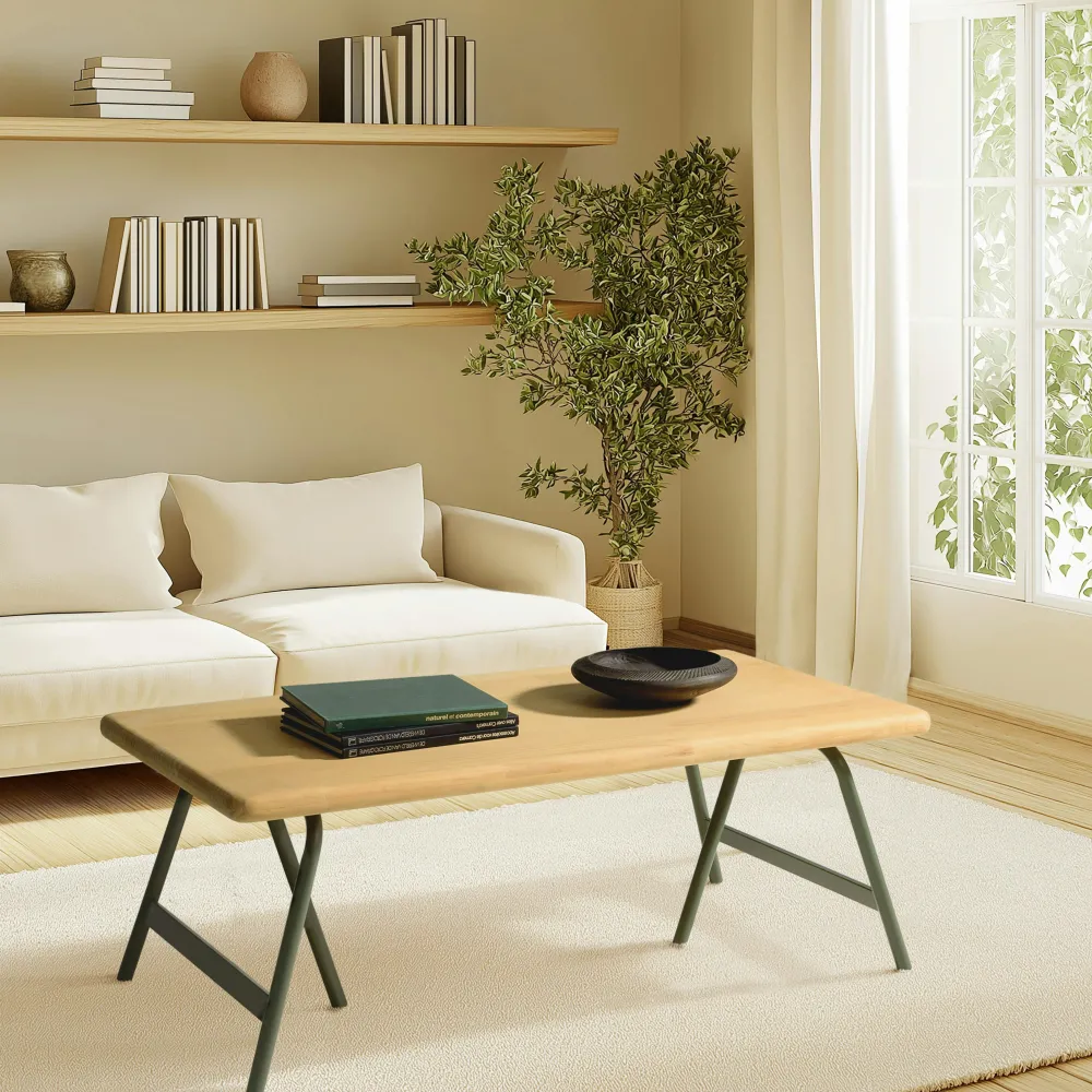 Tables Basses À Tiroirs|BAGAN Table de salon bois clair et pieds métal vert